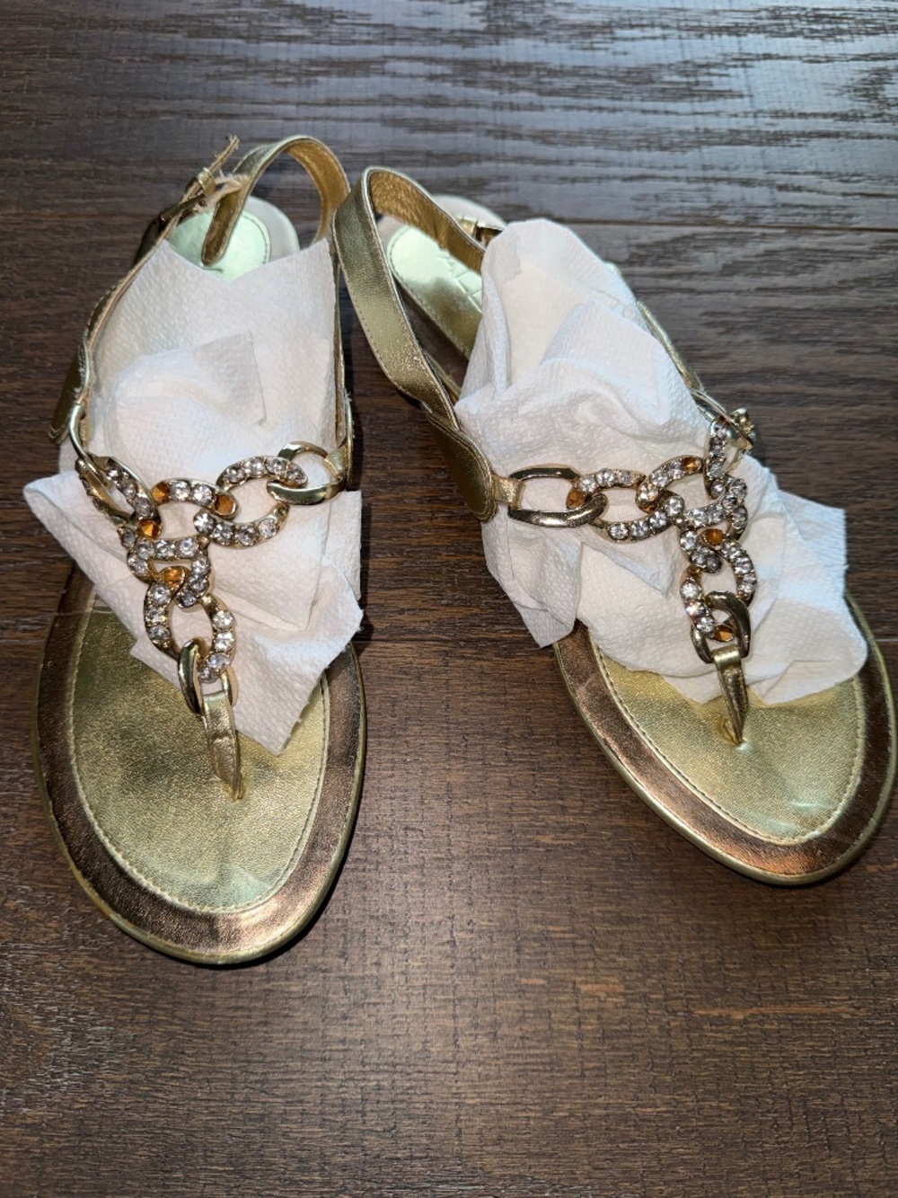 ALDO Gold Rhinestone Chain T-Strap Sandals Size 38